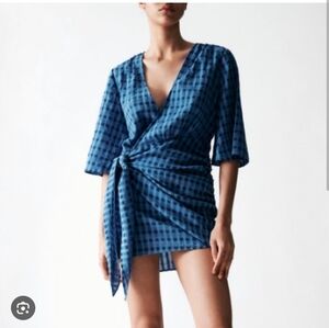 Zara Carla blue checkered wrap dress
